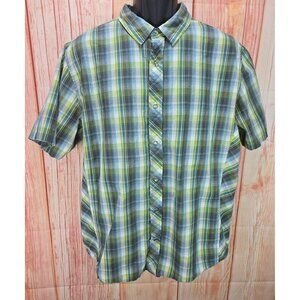 PrAna Mens Large Short Sleeve Button-Up Shirt Plaid Green & Blue Organic Cotton